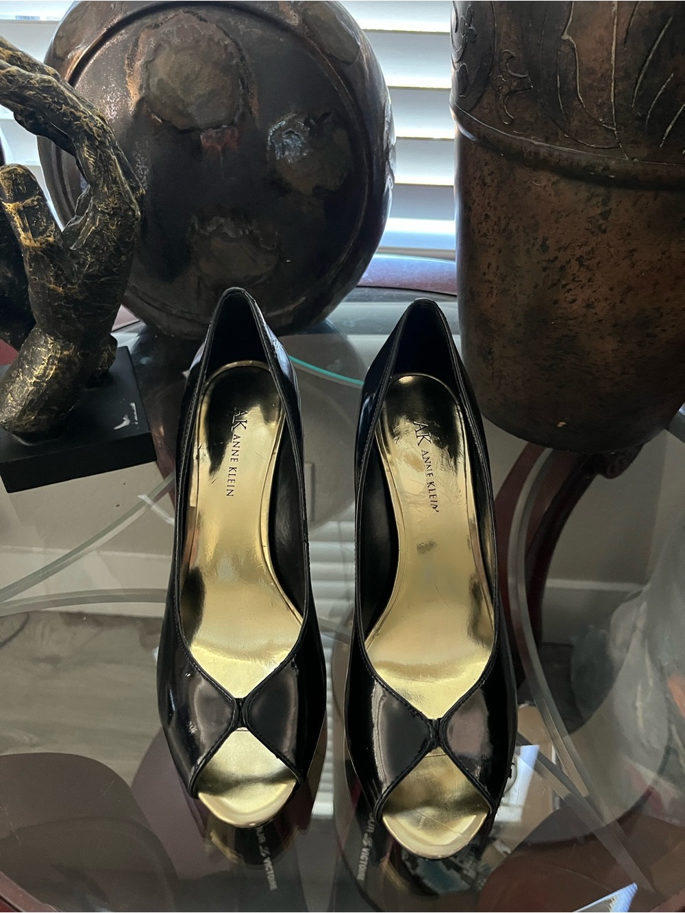 Anne Klein Black Patent Peep-Toe Heels with Gold Insole